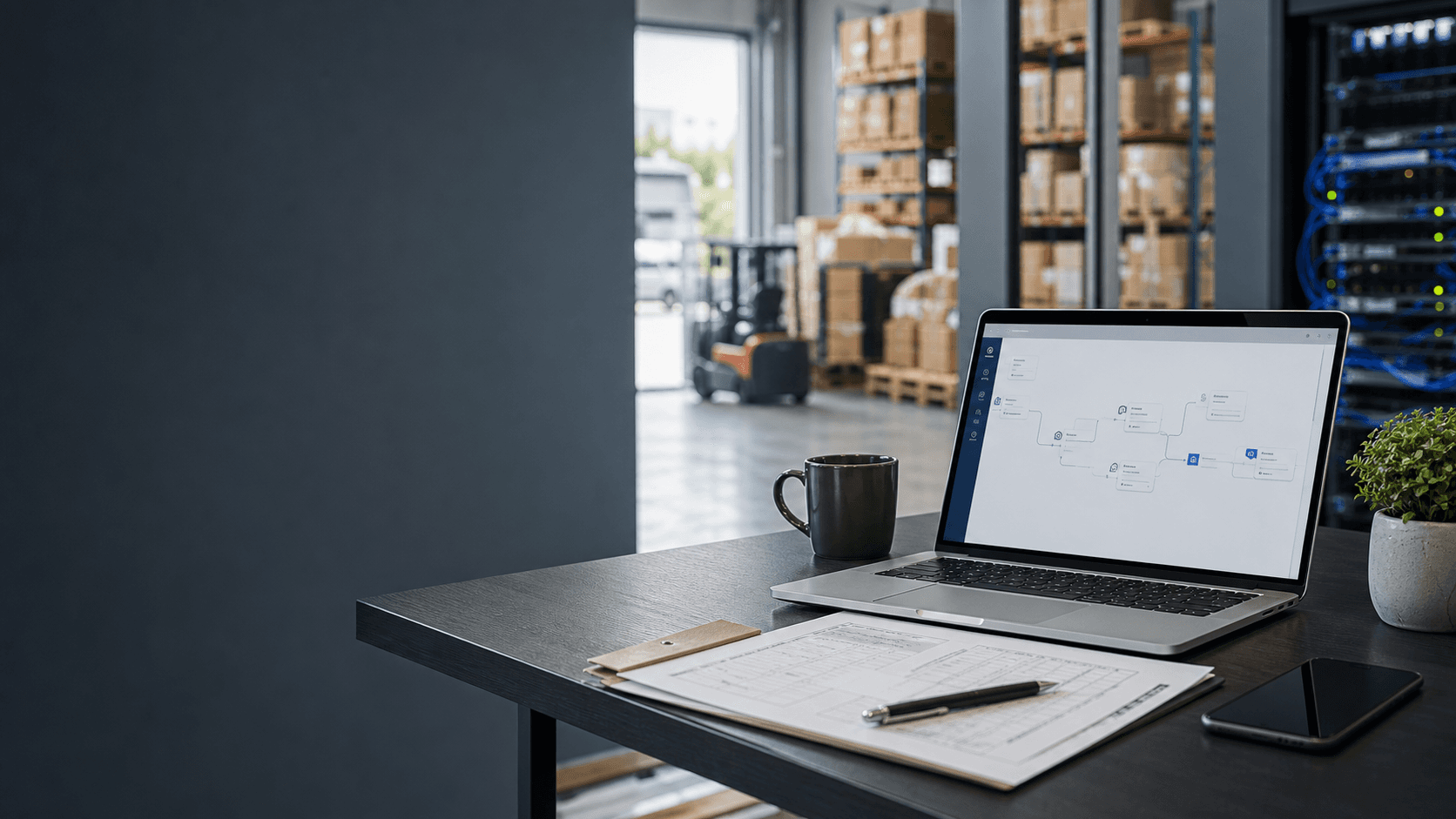 A modern logistics office with workflow automation on a laptop.